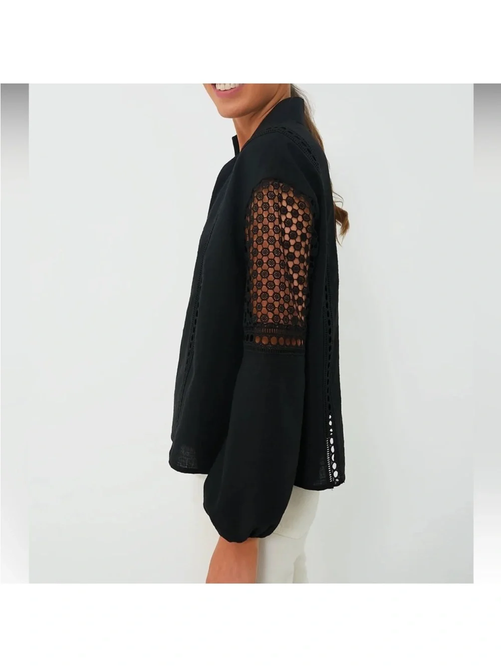 Tuckernuck Janie Black Crochet-Inset V-Neck Collared Blouse NWT